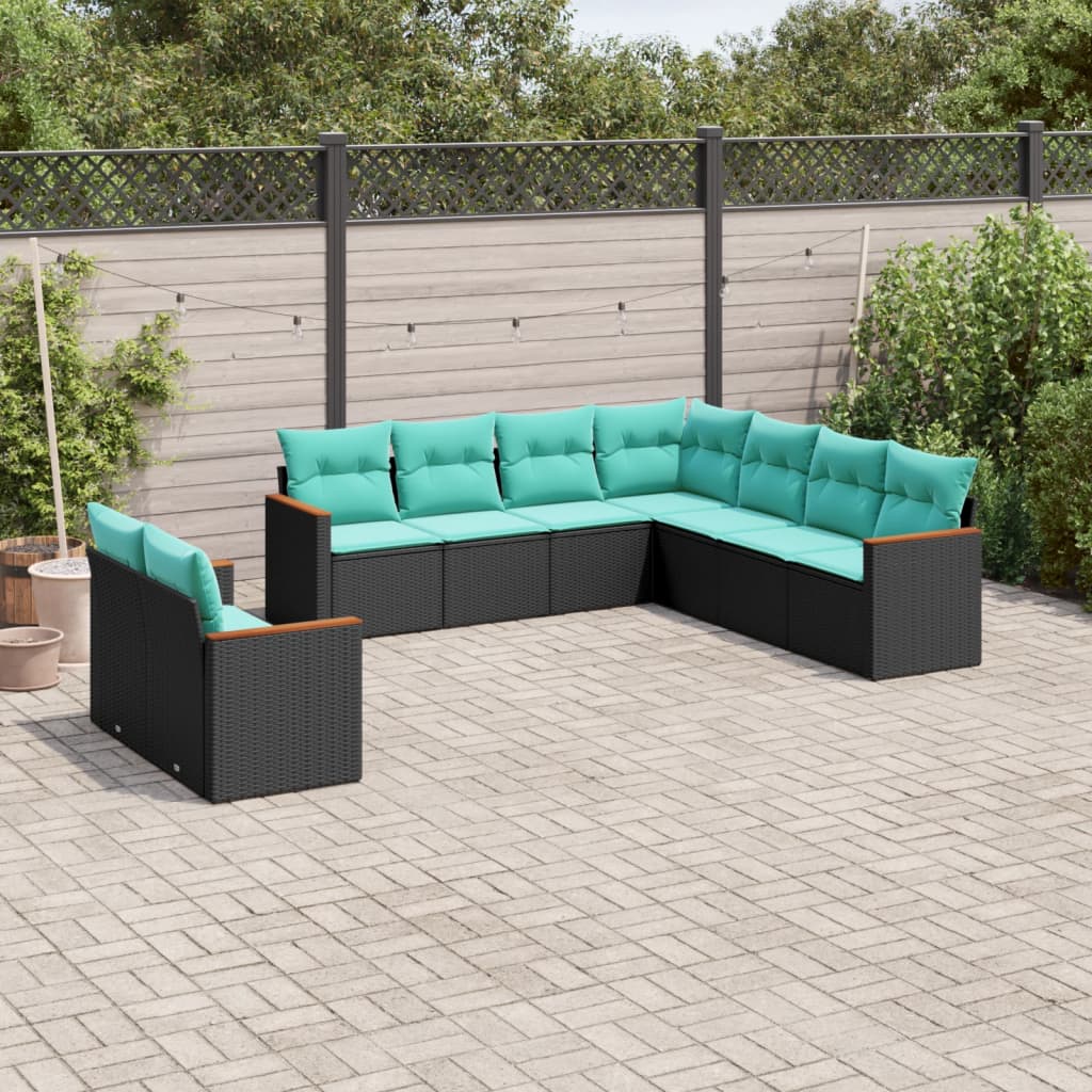 vidaXL 9 Piece Patio Sofa Set with Cushions Black Poly Rattan-0