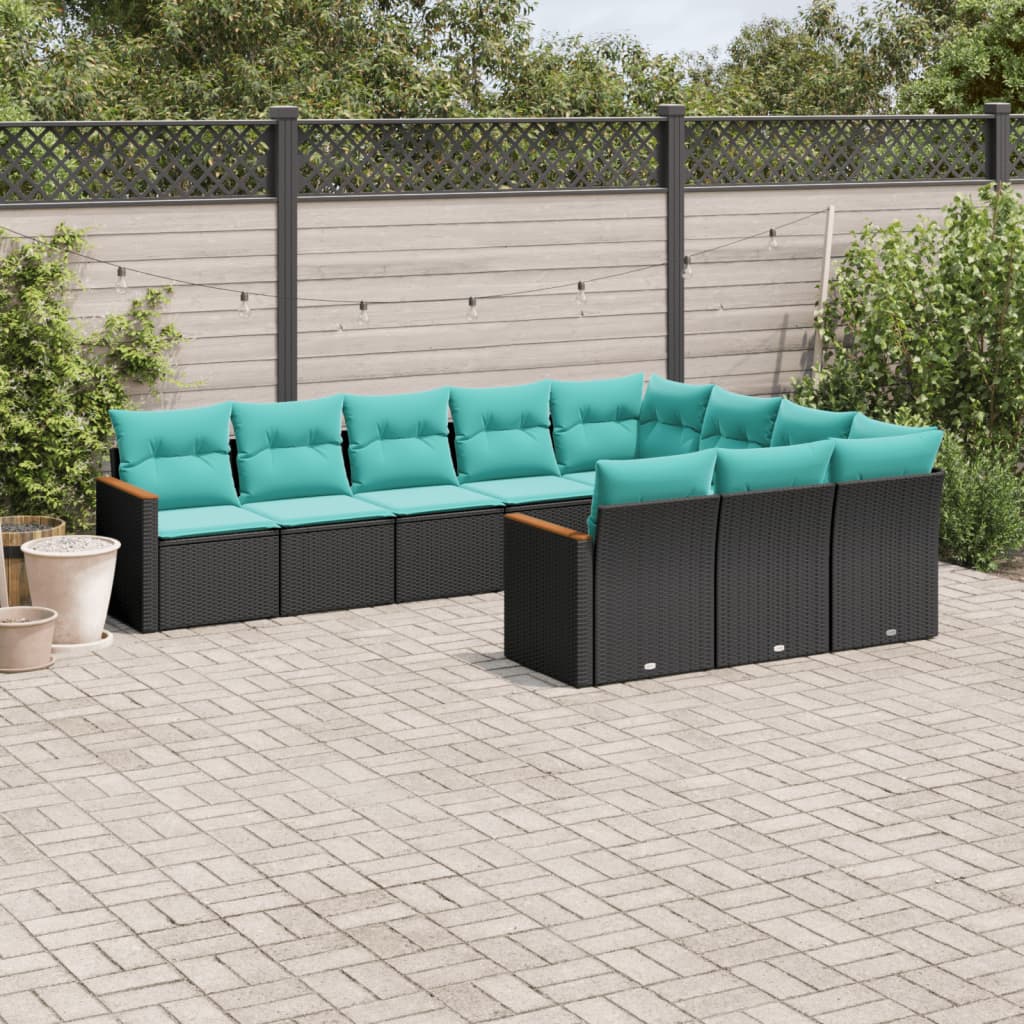vidaXL 10 Piece Patio Sofa Set with Cushions Black Poly Rattan-0