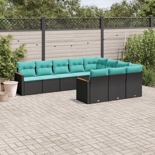 vidaXL 10 Piece Patio Sofa Set with Cushions Black Poly Rattan-0