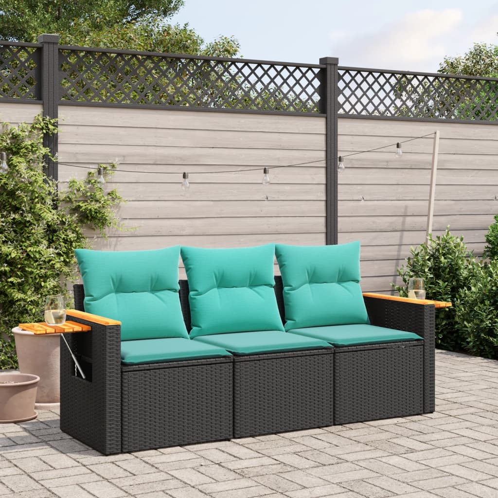 vidaXL 3 Piece Patio Sofa Set with Cushions Black Poly Rattan-0