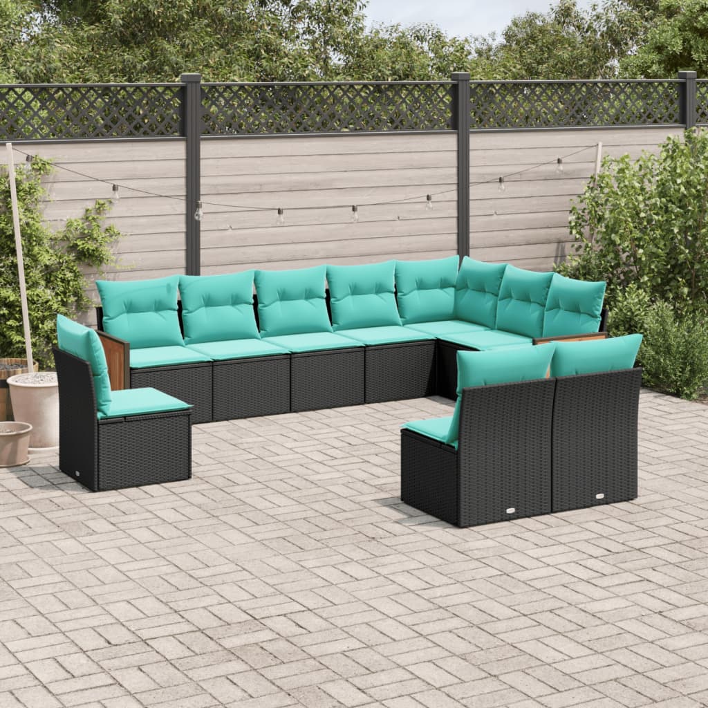 vidaXL 10 Piece Patio Sofa Set with Cushions Black Poly Rattan-0