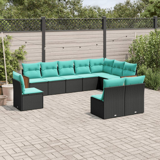vidaXL 10 Piece Patio Sofa Set with Cushions Black Poly Rattan-0