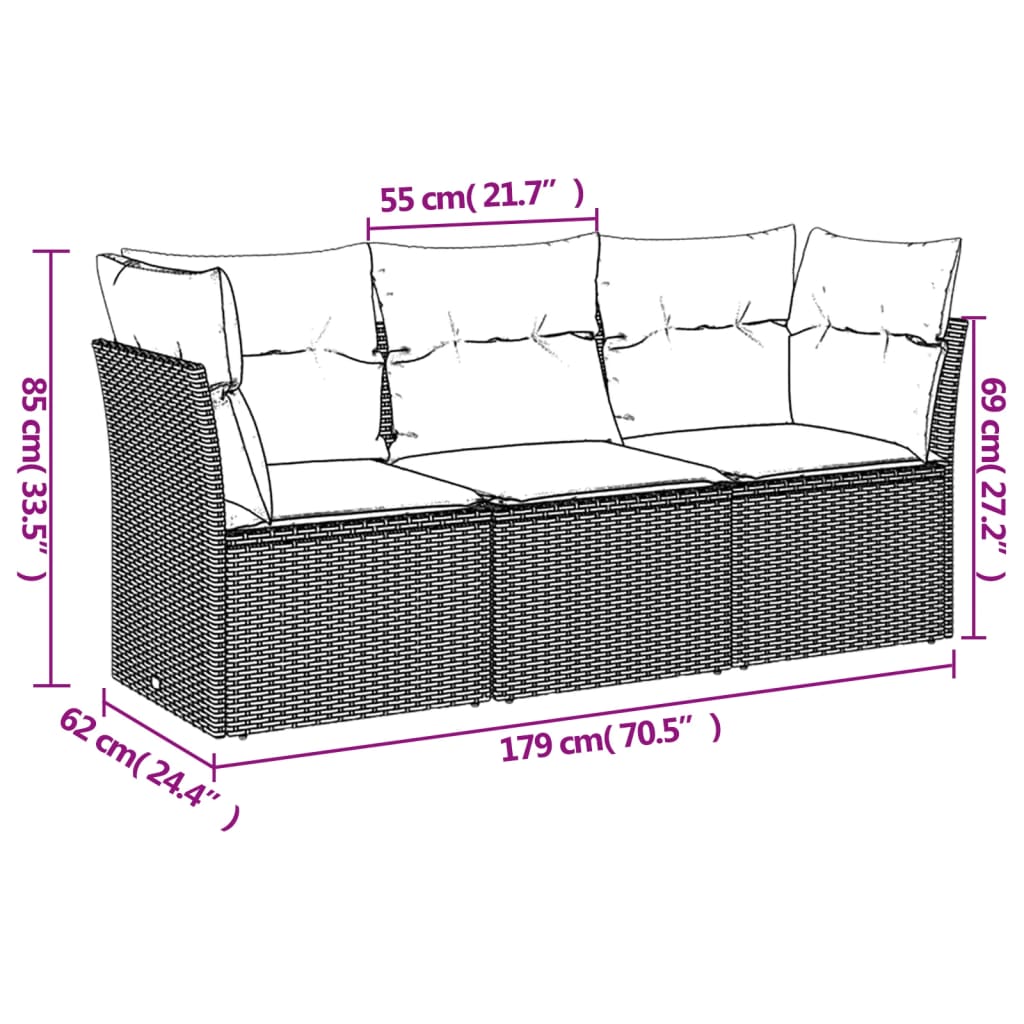 vidaXL 3 Piece Patio Sofa Set with Cushions Black Poly Rattan-2