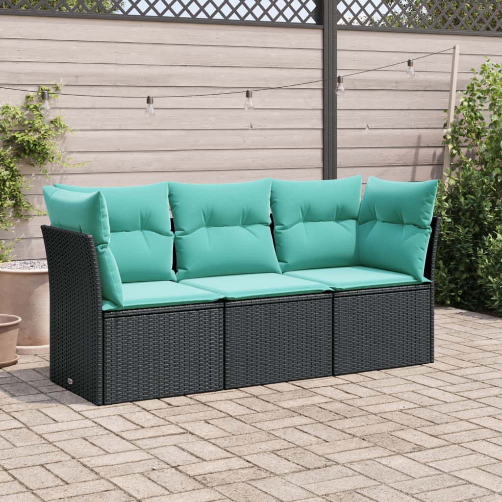 vidaXL 3 Piece Patio Sofa Set with Cushions Black Poly Rattan-0