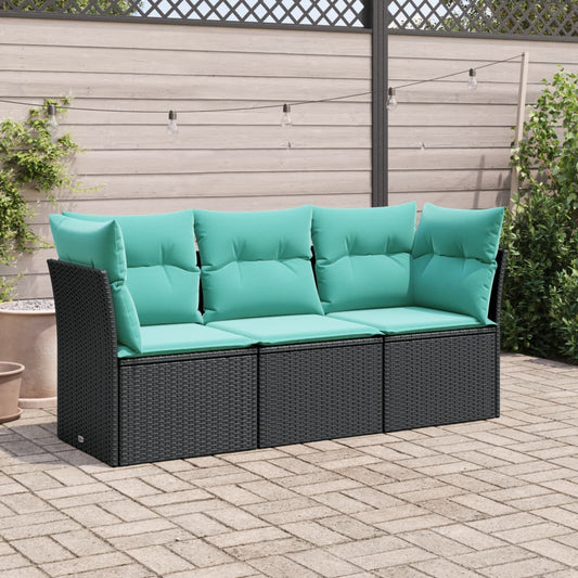 vidaXL 3 Piece Patio Sofa Set with Cushions Black Poly Rattan-0
