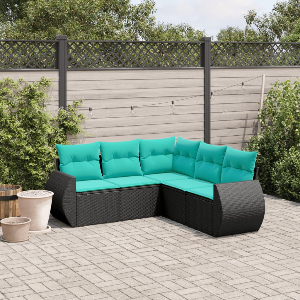 vidaXL 5 Piece Patio Sofa Set with Cushions Black Poly Rattan-0