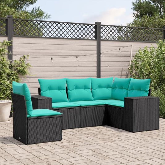 vidaXL 5 Piece Patio Sofa Set with Cushions Black Poly Rattan-0