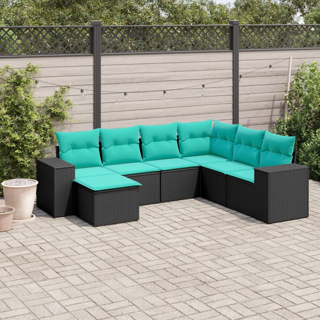 vidaXL 7 Piece Patio Sofa Set with Cushions Black Poly Rattan-0