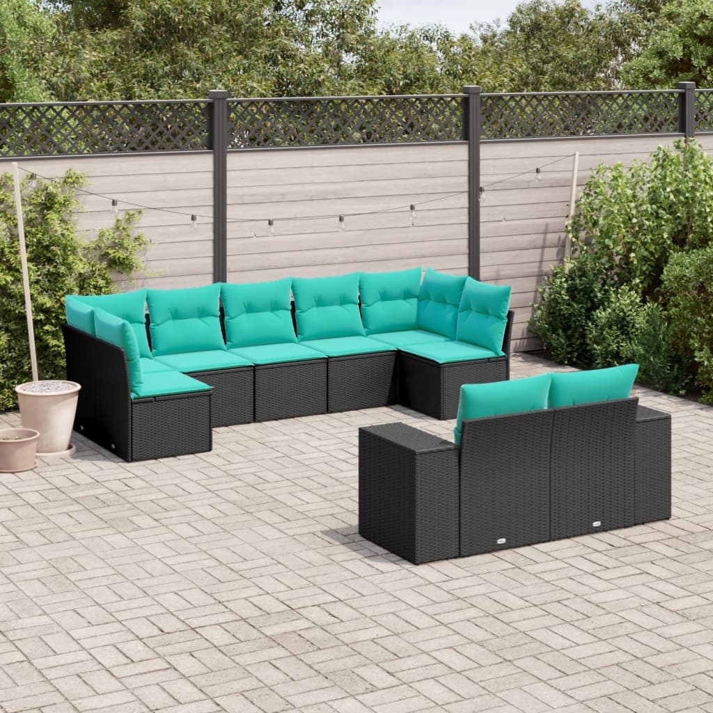 vidaXL 9 Piece Patio Sofa Set with Cushions Black Poly Rattan-0