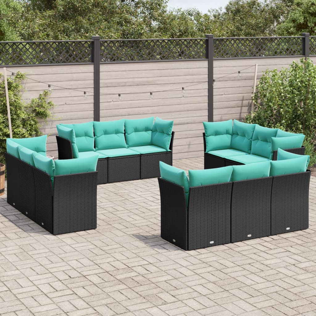 vidaXL 12 Piece Patio Sofa Set with Cushions Black Poly Rattan-0