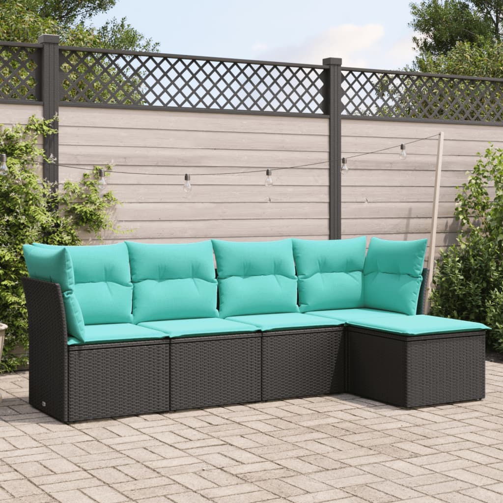 vidaXL 5 Piece Patio Sofa Set with Cushions Black Poly Rattan-0