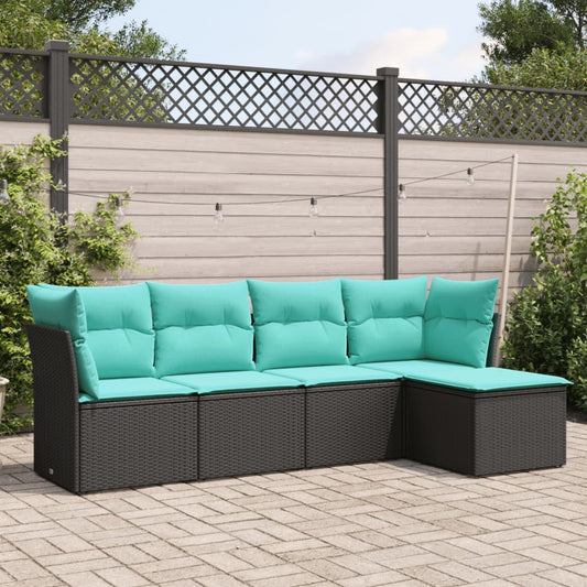 vidaXL 5 Piece Patio Sofa Set with Cushions Black Poly Rattan-0