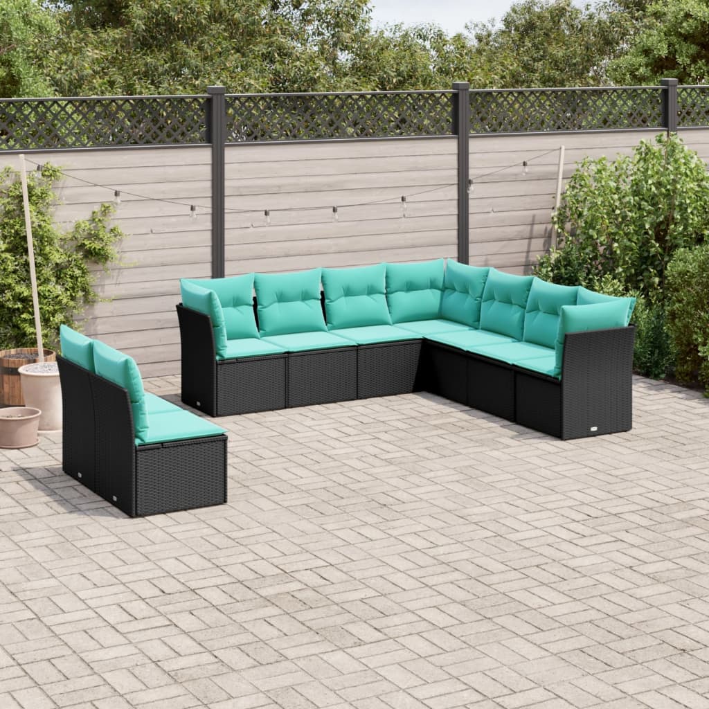 vidaXL 9 Piece Patio Sofa Set with Cushions Black Poly Rattan-0