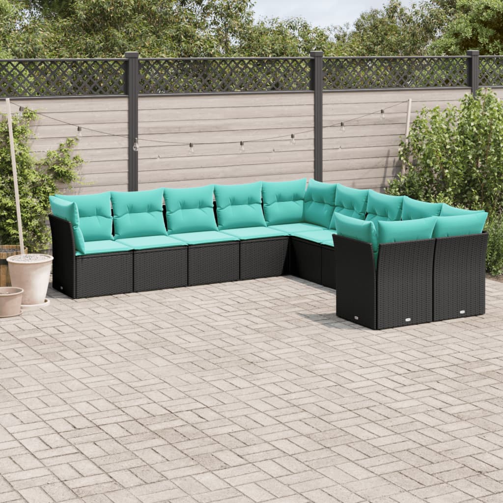 vidaXL 10 Piece Patio Sofa Set with Cushions Black Poly Rattan-0