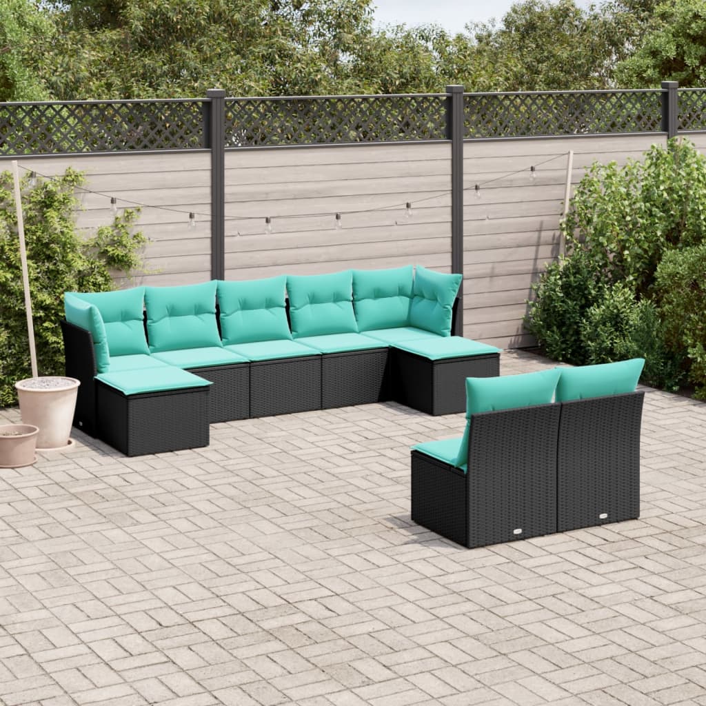 vidaXL 9 Piece Patio Sofa Set with Cushions Black Poly Rattan-0