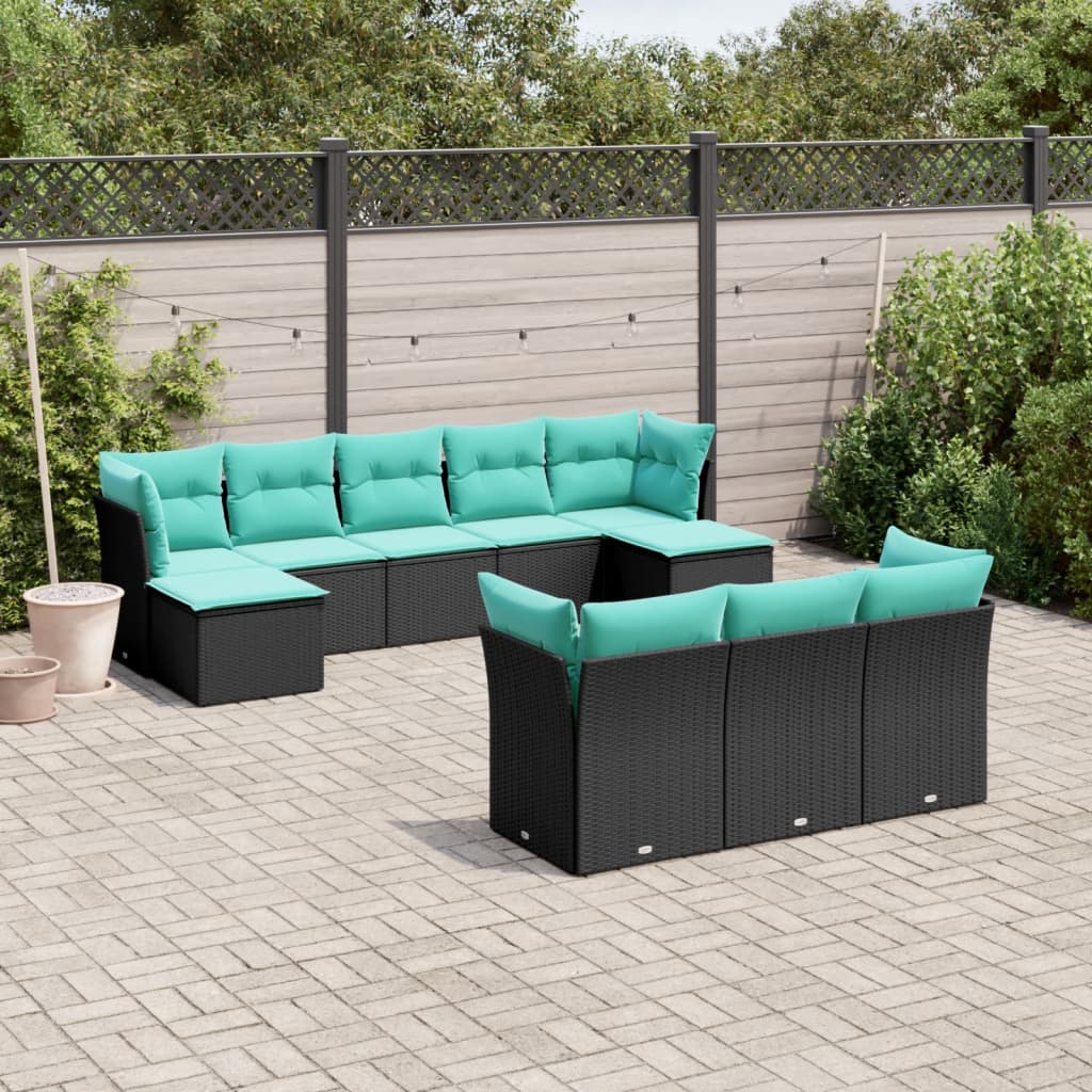 vidaXL 10 Piece Patio Sofa Set with Cushions Black Poly Rattan-0