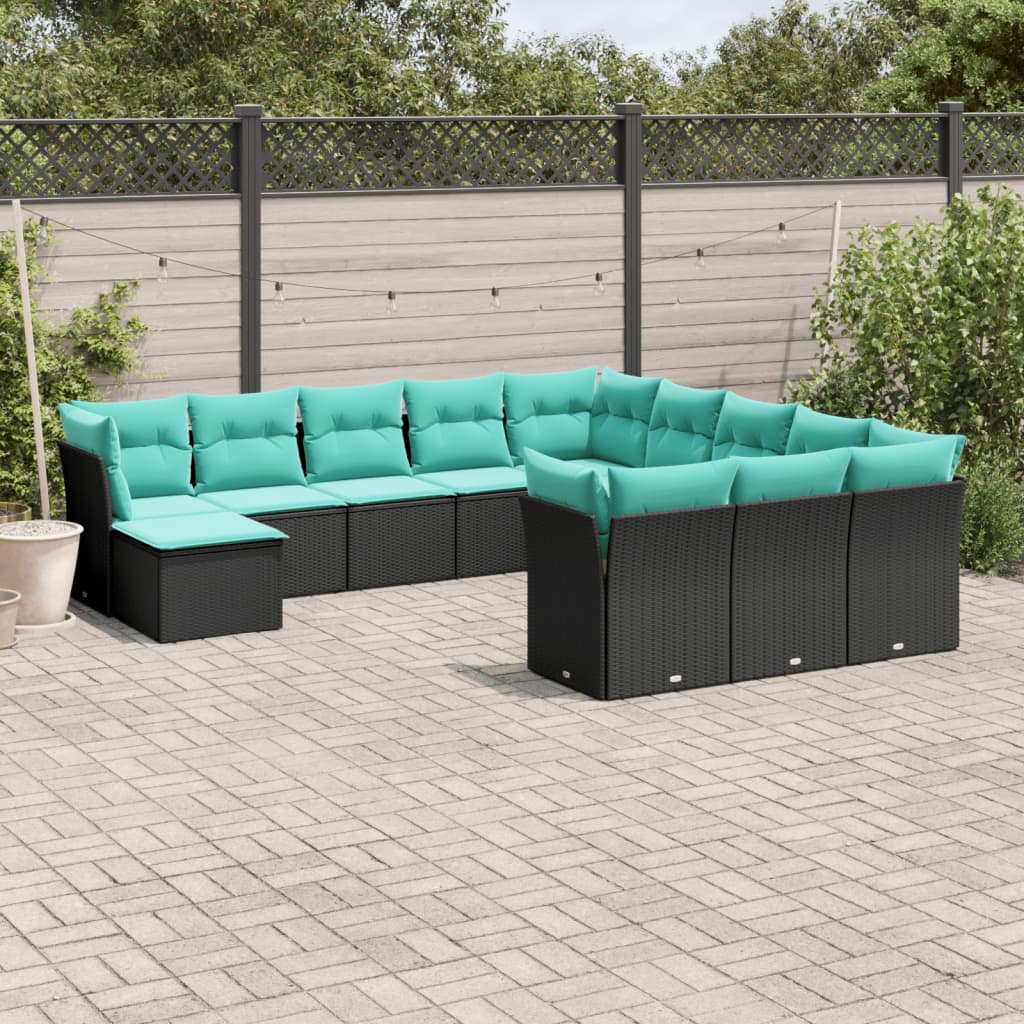 vidaXL 12 Piece Patio Sofa Set with Cushions Black Poly Rattan-0