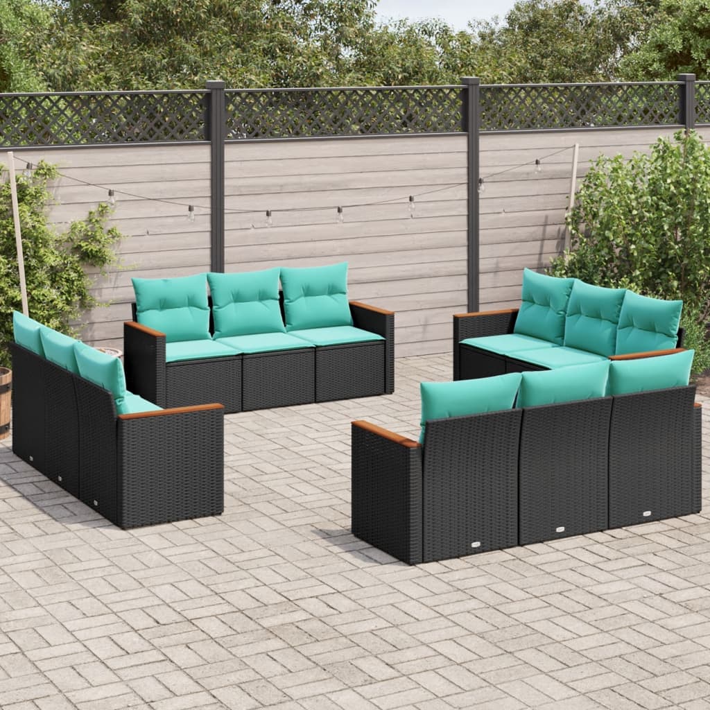 vidaXL 12 Piece Patio Sofa Set with Cushions Black Poly Rattan-0