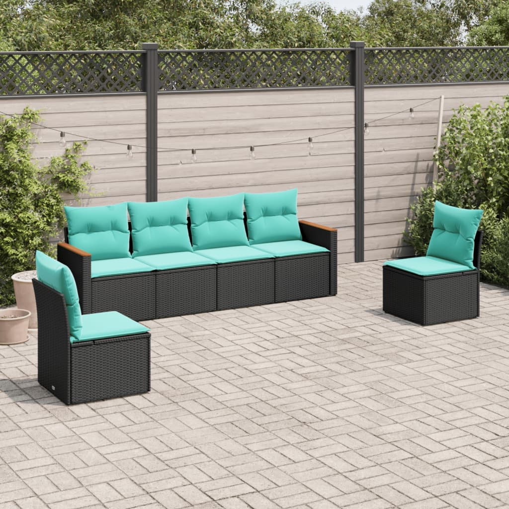 vidaXL 6 Piece Patio Sofa Set with Cushions Black Poly Rattan-0