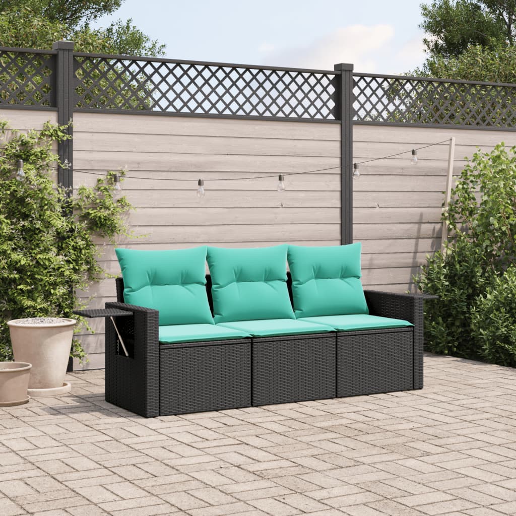 vidaXL 3 Piece Patio Sofa Set with Cushions Black Poly Rattan-0