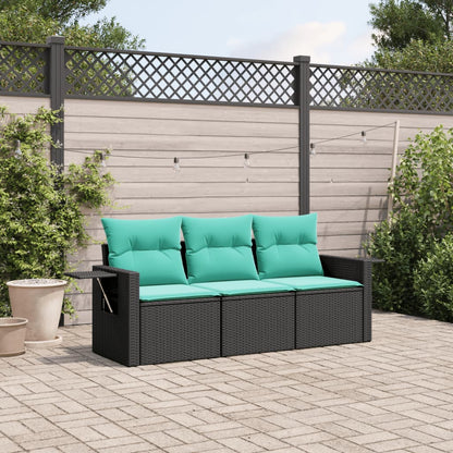 vidaXL 3 Piece Patio Sofa Set with Cushions Black Poly Rattan-0