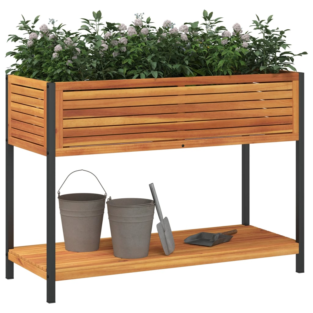 vidaXL Garden Planter with Shelf Outdoor Flower Box Solid Wood Acacia and Steel-4