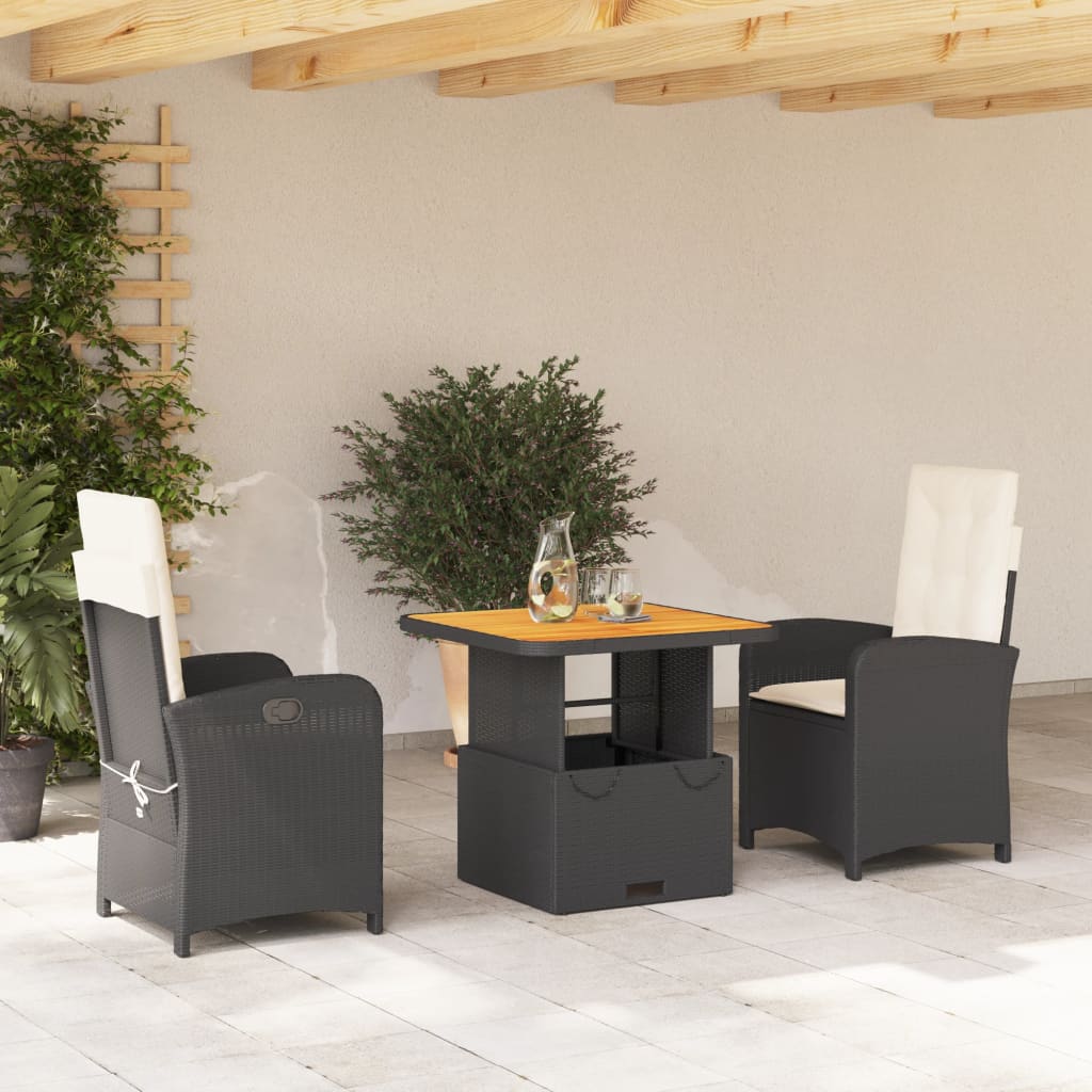 vidaXL 3 Piece Patio Dining Set with Cushions Black Poly Rattan-0
