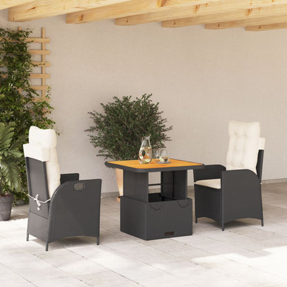 vidaXL 3 Piece Patio Dining Set with Cushions Black Poly Rattan-0