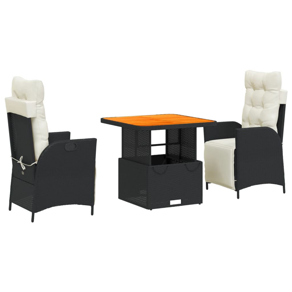 vidaXL 3 Piece Patio Dining Set with Cushions Black Poly Rattan-1