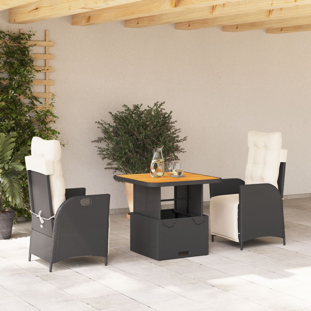 vidaXL 3 Piece Patio Dining Set with Cushions Black Poly Rattan-0