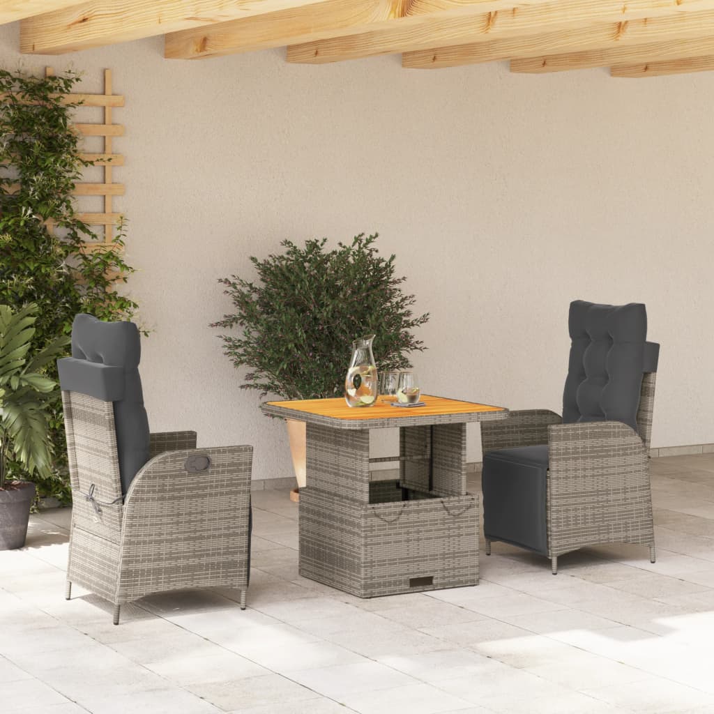 vidaXL 3 Piece Patio Dining Set with Cushions Gray Poly Rattan-0
