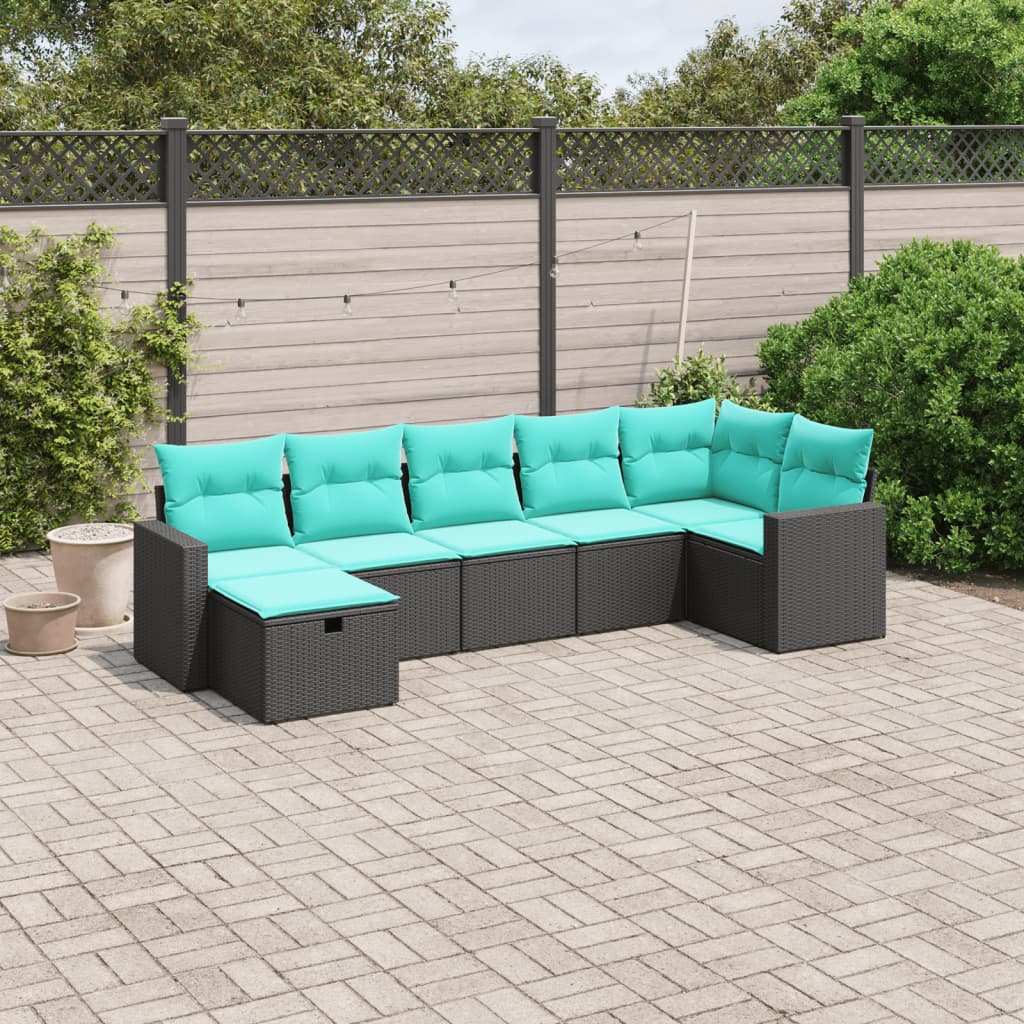 vidaXL 7 Piece Patio Sofa Set with Cushions Black Poly Rattan-0