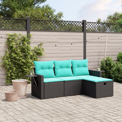 vidaXL 4 Piece Patio Sofa Set with Cushions Black Poly Rattan-0