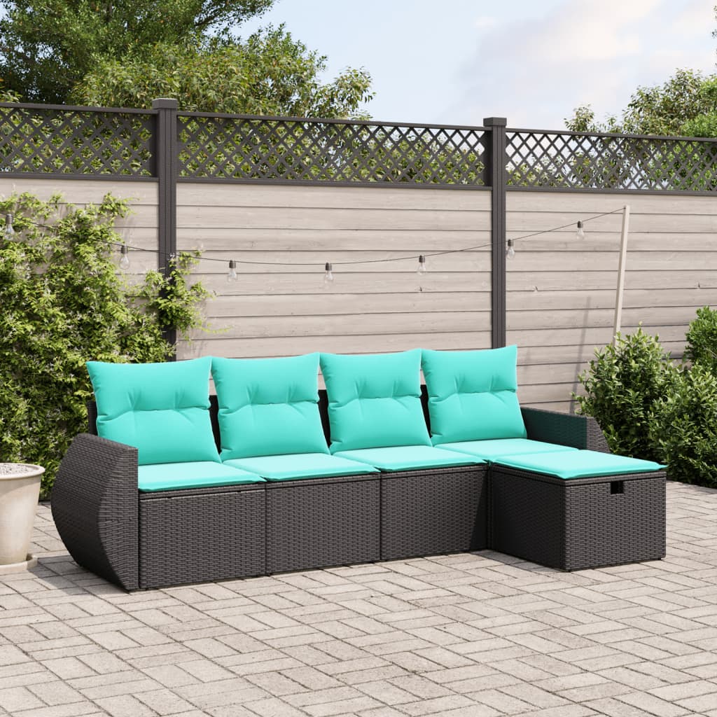 vidaXL 5 Piece Patio Sofa Set with Cushions Black Poly Rattan-0