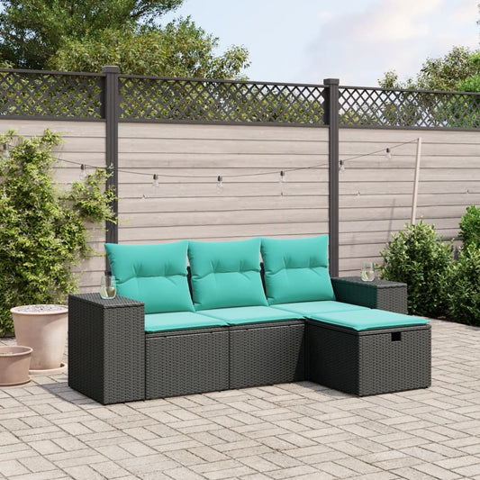 vidaXL 4 Piece Patio Sofa Set with Cushions Black Poly Rattan-0
