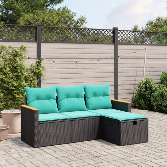 vidaXL 4 Piece Patio Sofa Set with Cushions Black Poly Rattan-0