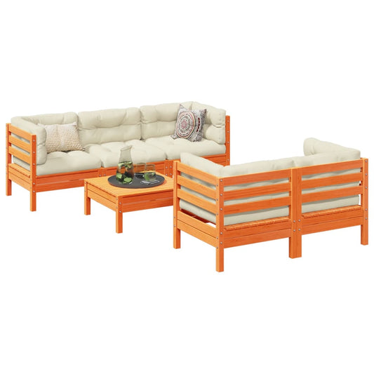 vidaXL 6 Piece Patio Sofa Set with Cushions Wax Brown Solid Wood Pine-0