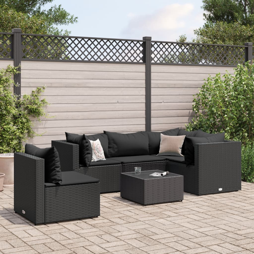 vidaXL 7 Piece Patio Lounge Set with Cushions Black Poly Rattan-7
