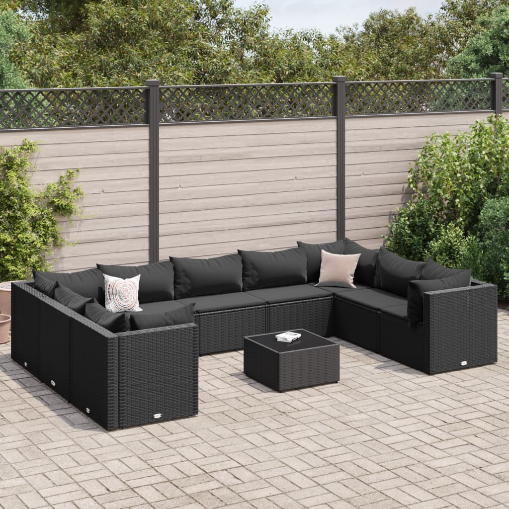 vidaXL 11 Piece Patio Lounge Set with Cushions Black Poly Rattan-7