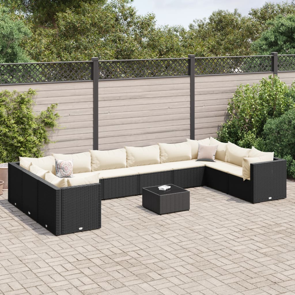 vidaXL 11 Piece Patio Lounge Set with Cushions Black Poly Rattan-13