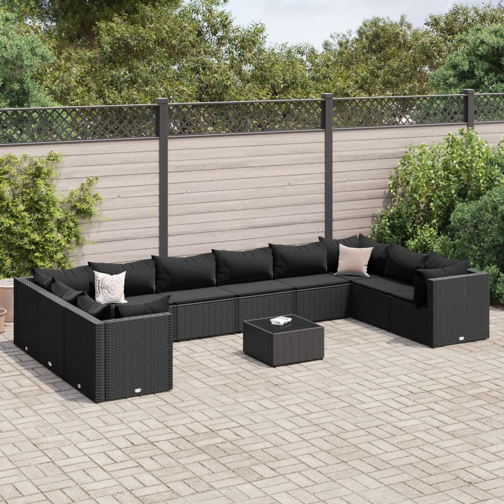 vidaXL 11 Piece Patio Lounge Set with Cushions Black Poly Rattan-0