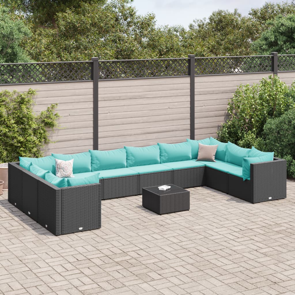 vidaXL 11 Piece Patio Lounge Set with Cushions Black Poly Rattan-9