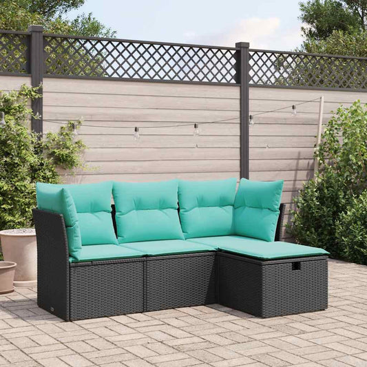 vidaXL 4 Piece Patio Sofa Set with Cushions Black Poly Rattan-0