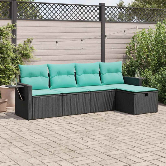 vidaXL 5 Piece Patio Sofa Set with Cushions Black Poly Rattan-0