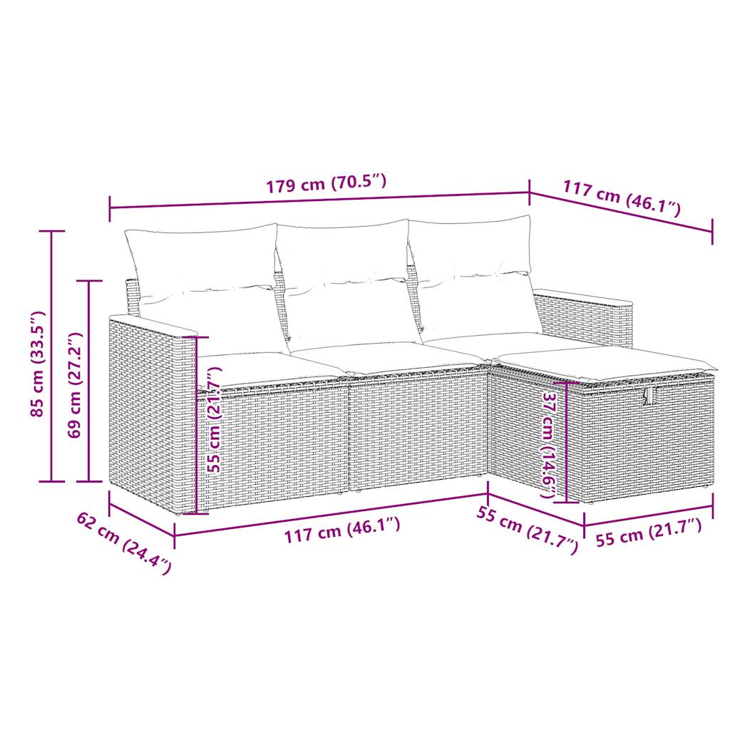 vidaXL 4 Piece Patio Sofa Set with Cushions Black Poly Rattan-2