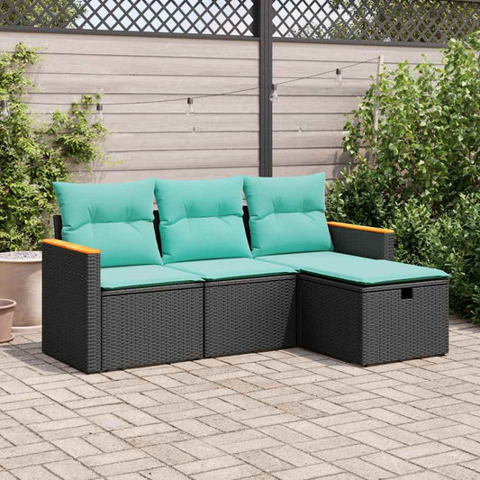 vidaXL 4 Piece Patio Sofa Set with Cushions Black Poly Rattan-0