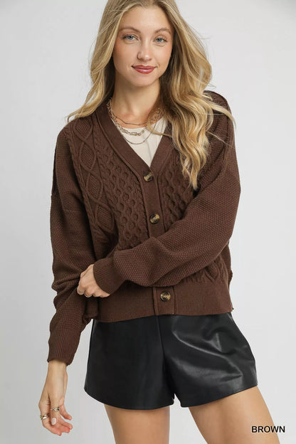 Umgee Chunky Cable Knit V-Neck Button-Up Cardigan