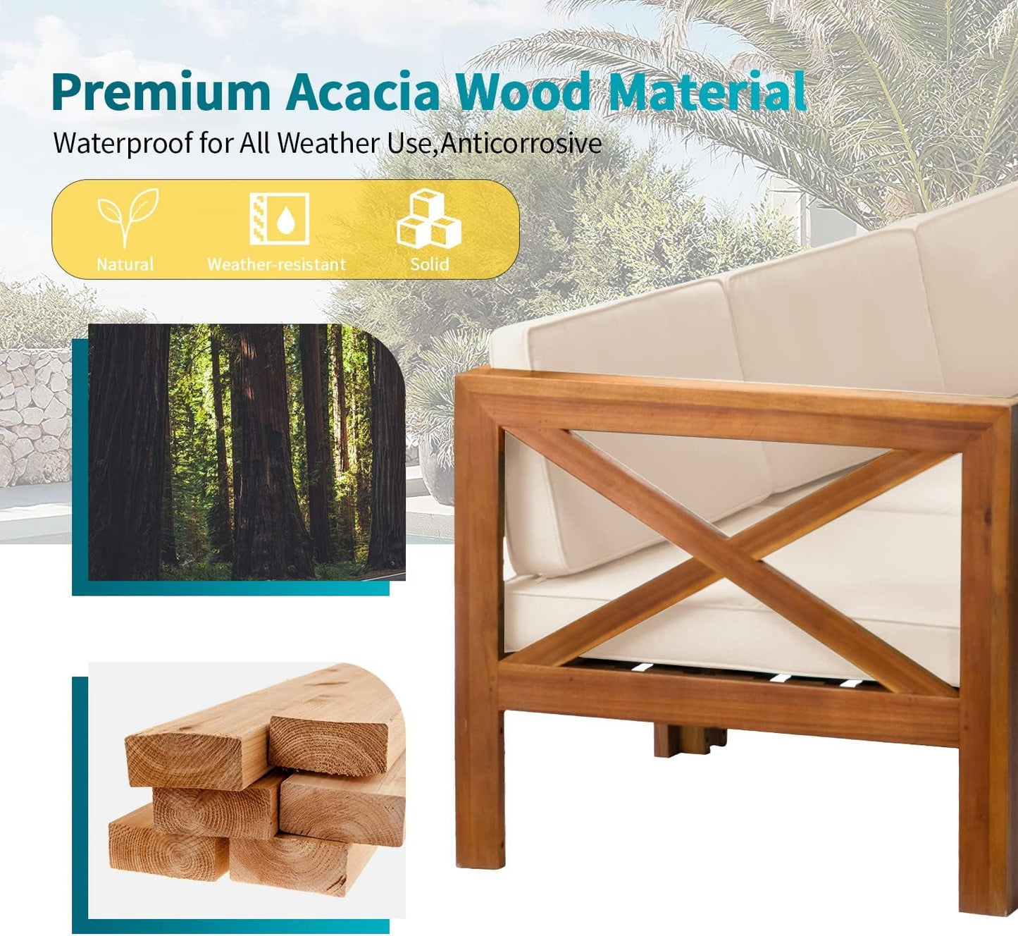 5-Piece Acacia Wood Outdoor Sofa Set Patio Bistro Set Furniture Outdoor Chat Conversation Table Chair Set with Water Resistant Cushions and Coffee Table for Beach Backyard Garden-4