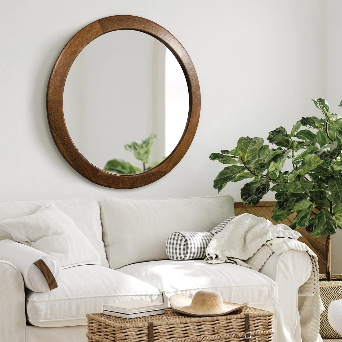 30" Walnut Wood Round Wall Mirror: Rustic Style-0