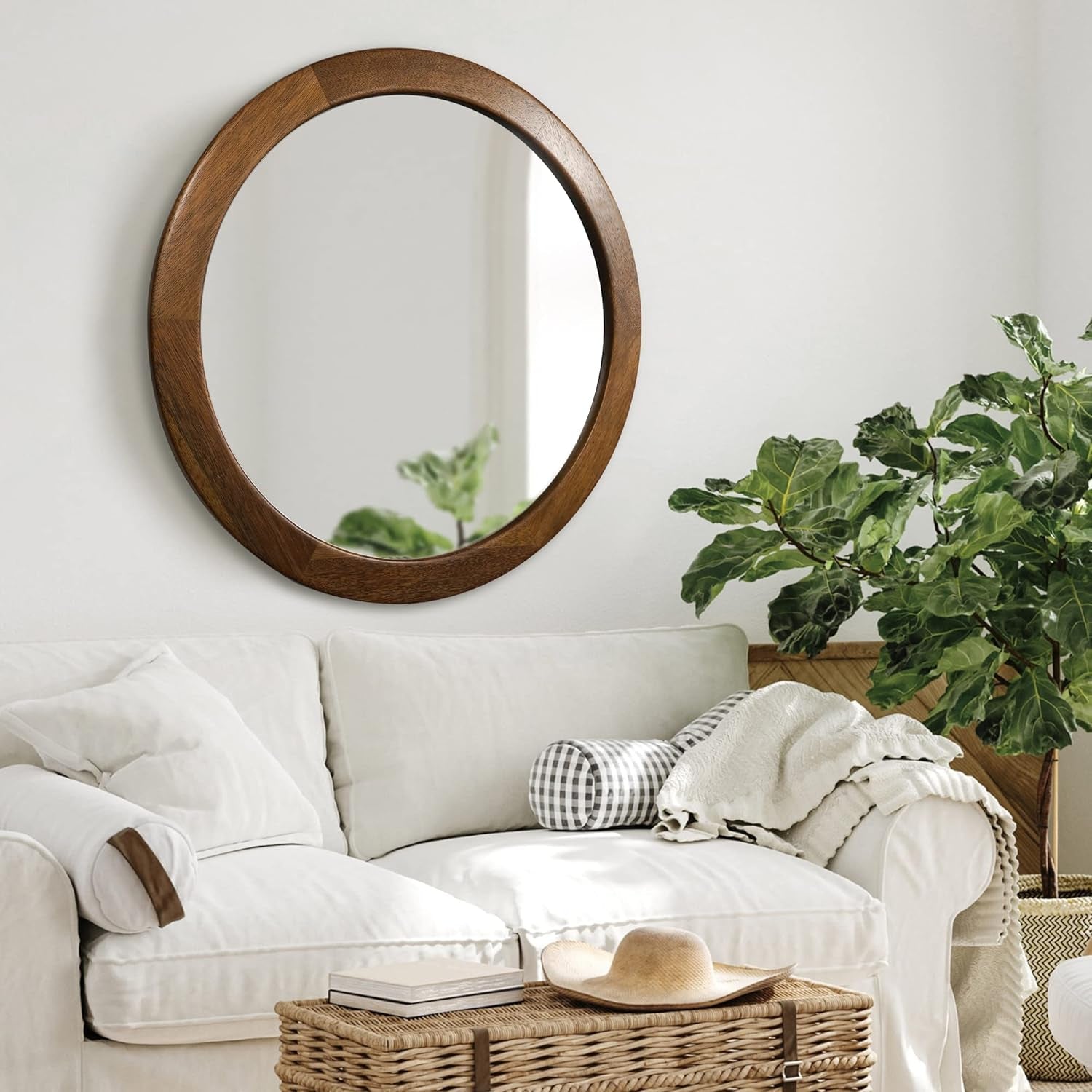 30" Walnut Wood Round Wall Mirror: Rustic Style-0